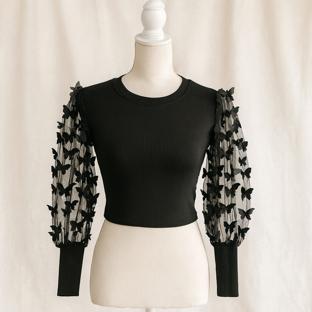 Tween Diva 8 Butterfly Mesh Sleeve Crop Top Croquette Goth Inspired Y2K Cute